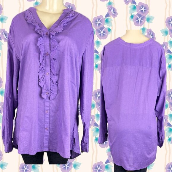 Lane Bryant +1X Purple Button Down Ruffle Cotton Long Roll-Tab Sleeve Shirt - Picture 1 of 6